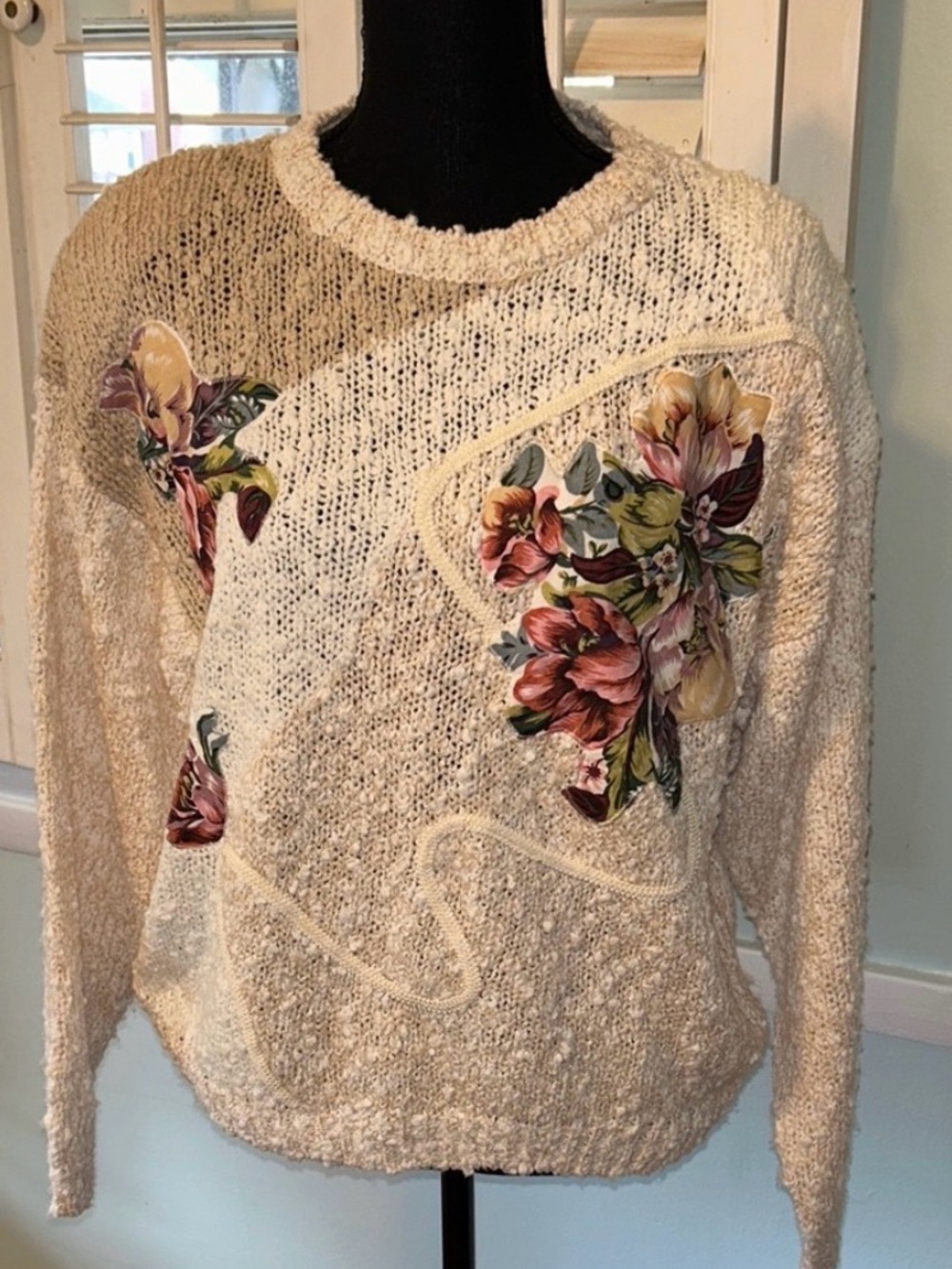 Vintage Cream Floral Appliqué Crewneck Sweater